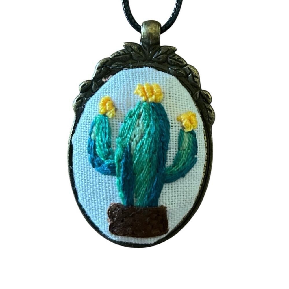 Embroidered Cactus Necklace ~ Handmade
